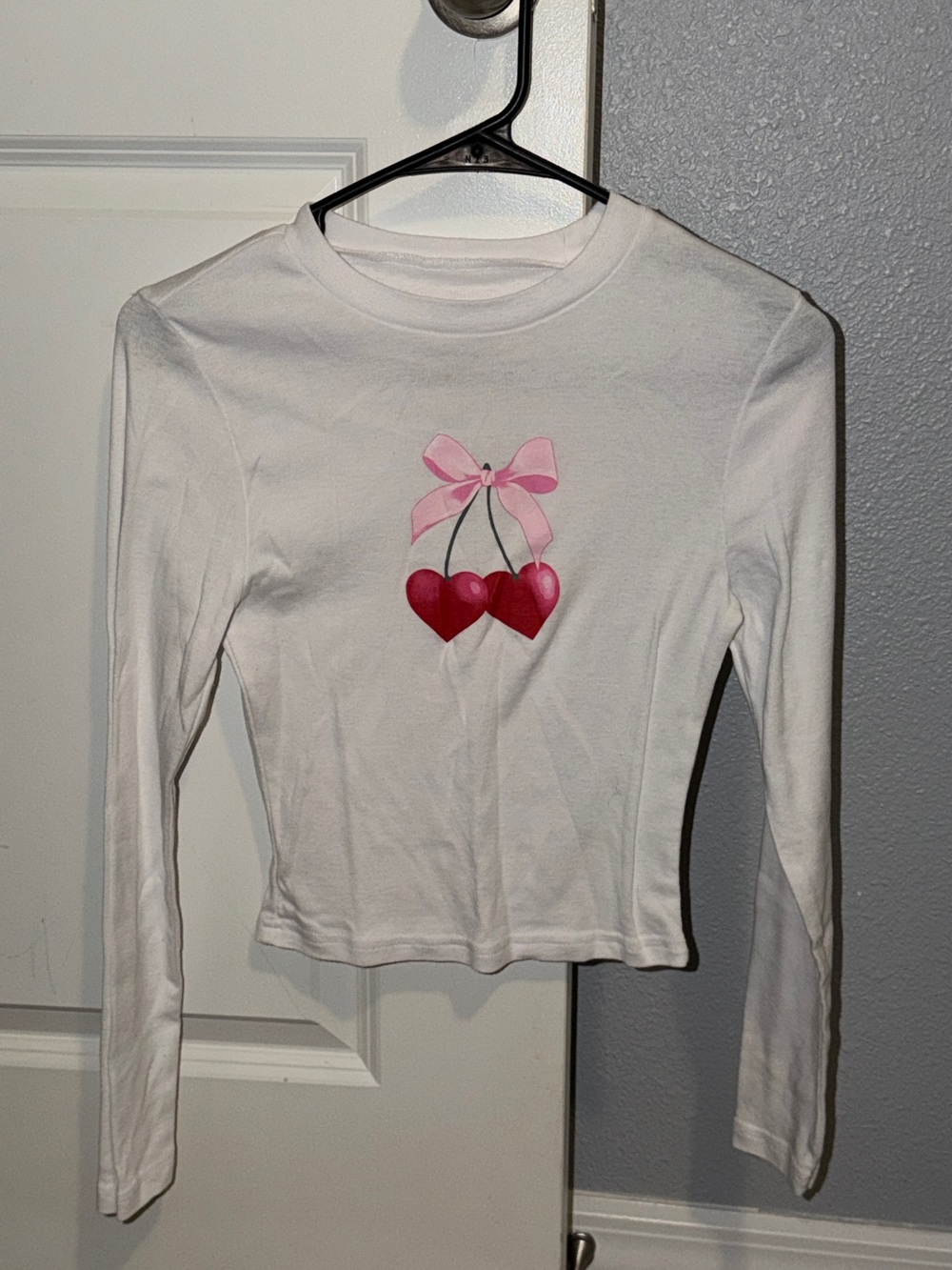 Orage White Long Sleeve Tee with Pink Bow and Cherry Hearts